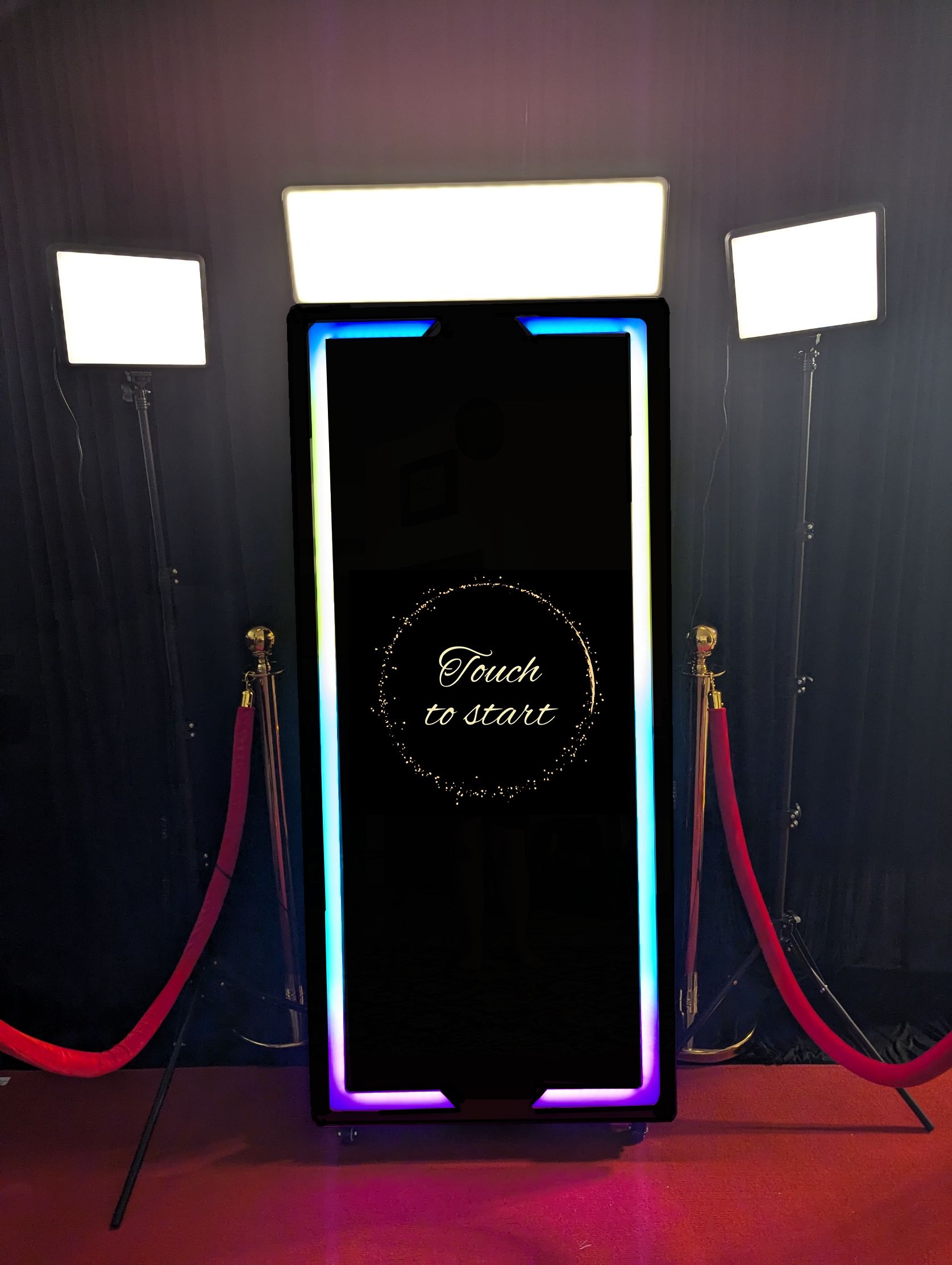 Mirror photo booth with touch to start prompt