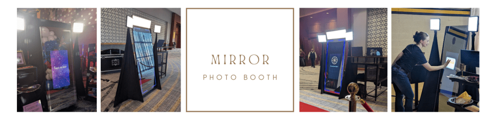 Four images of a mirror photo booth rental with touchscreen mirror, event lighting, and red carpet setup. Center panel reads "Mirror Photo Booth."
