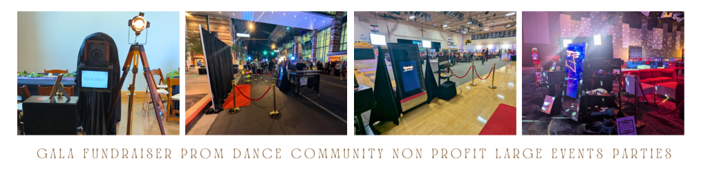 Collage of four event photos showing Moments in Frame photo booth rentals at a gala fundraiser, prom dance, community event, nonprofit gathering, and large party. Features mirror and vintage-inspired photo booth setups with red carpet experiences, professional lighting, and event guests. Text reads "Gala Fundraiser Prom Dance Community Non Profit Large Events Parties."